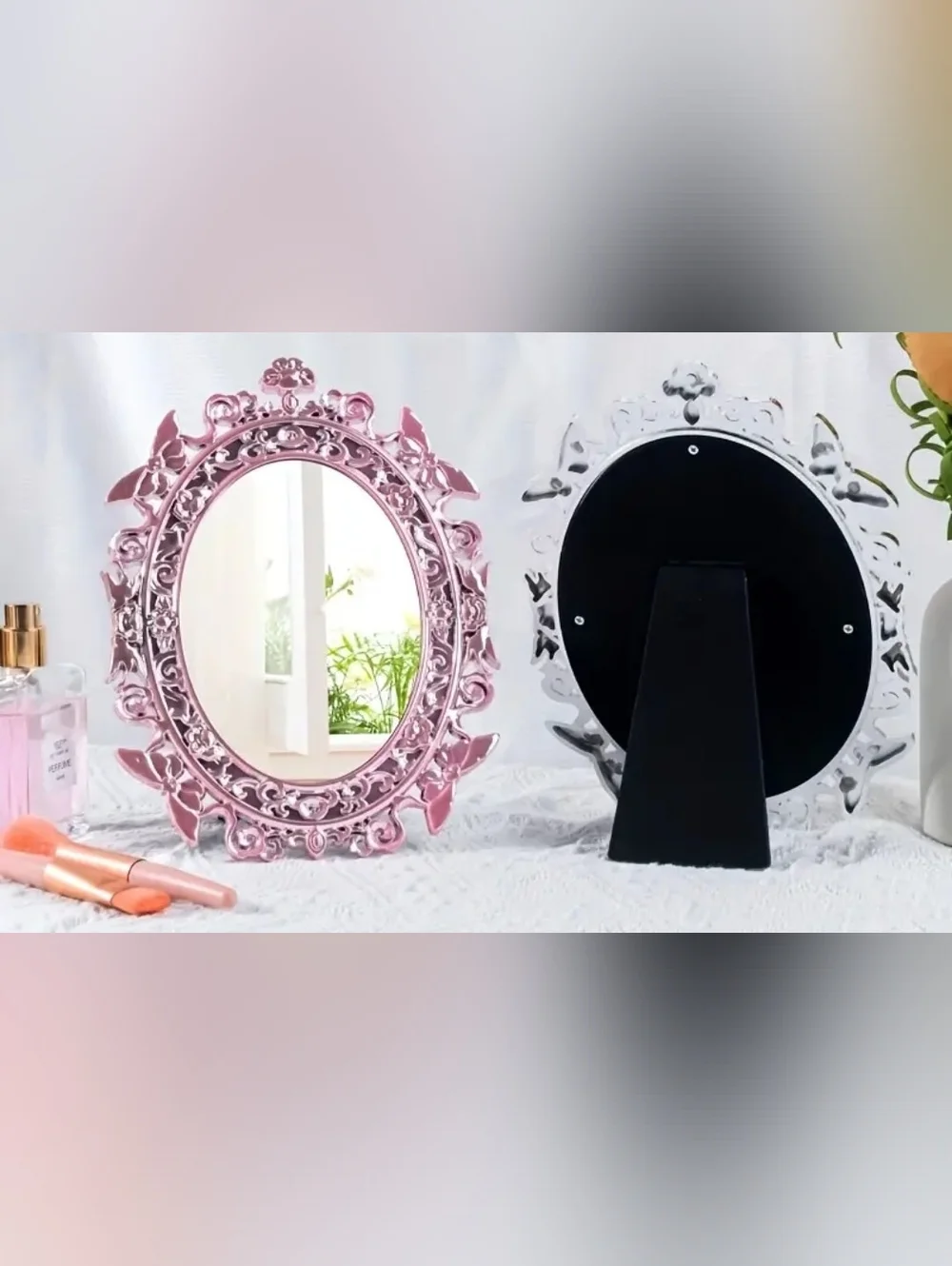 Pink Ornate Oval Vanity Mirror